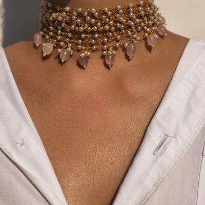 Multi-Strand Pearl Choker With Rose Quartz Bead Drops, Matching Earring