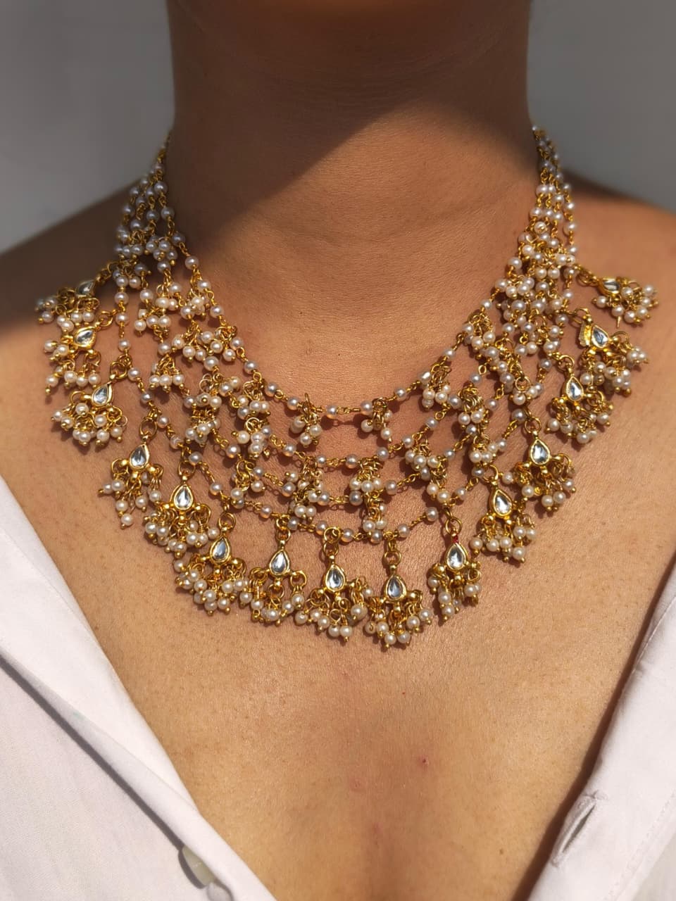 Multi-Strand Pearl Cluster Choker With Kundan Drops - Image 2