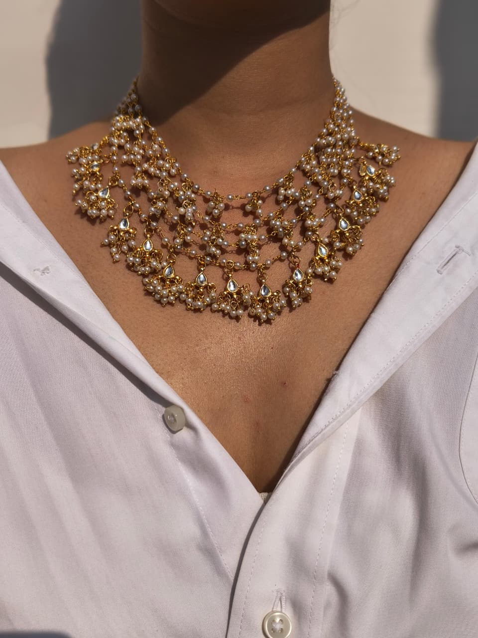 Multi-Strand Pearl Cluster Choker With Kundan Drops - Image 3