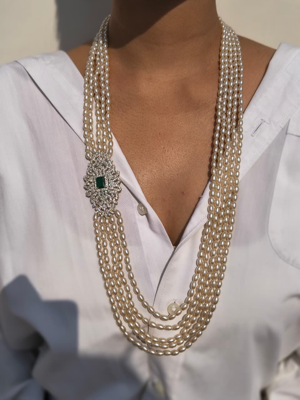 Multi-Strand Pearl Necklace With Emerald Diamond Brooch Clasp, Matching Earring