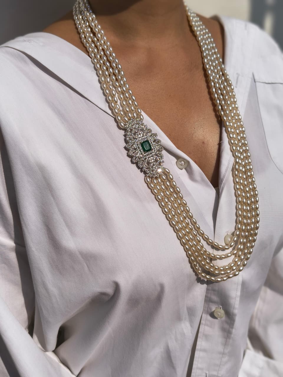 Multi-Strand Pearl Necklace With Emerald Diamond Brooch Clasp, Matching Earring - Image 2