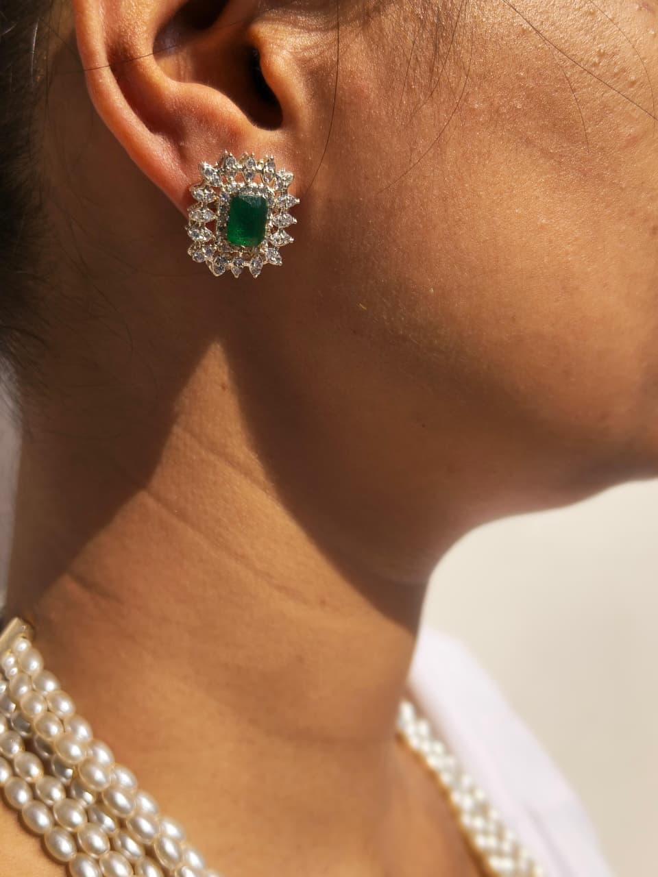Multi-Strand Pearl Necklace With Emerald Diamond Brooch Clasp, Matching Earring - Image 3