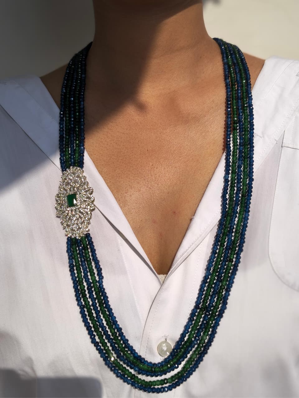 Multi-Strand Sapphire Emerald Beaded Necklace With Diamond Brooch, Matching Earring