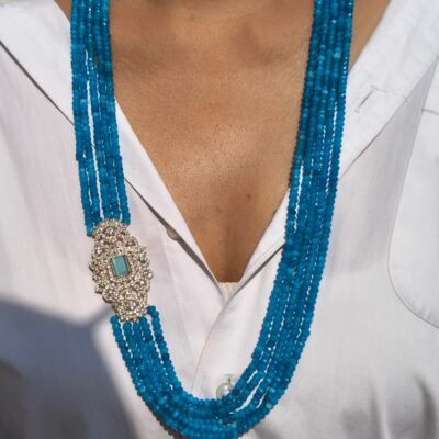Turquoise Beaded Multi-Strand Necklace With Crystal Brooch Clasp