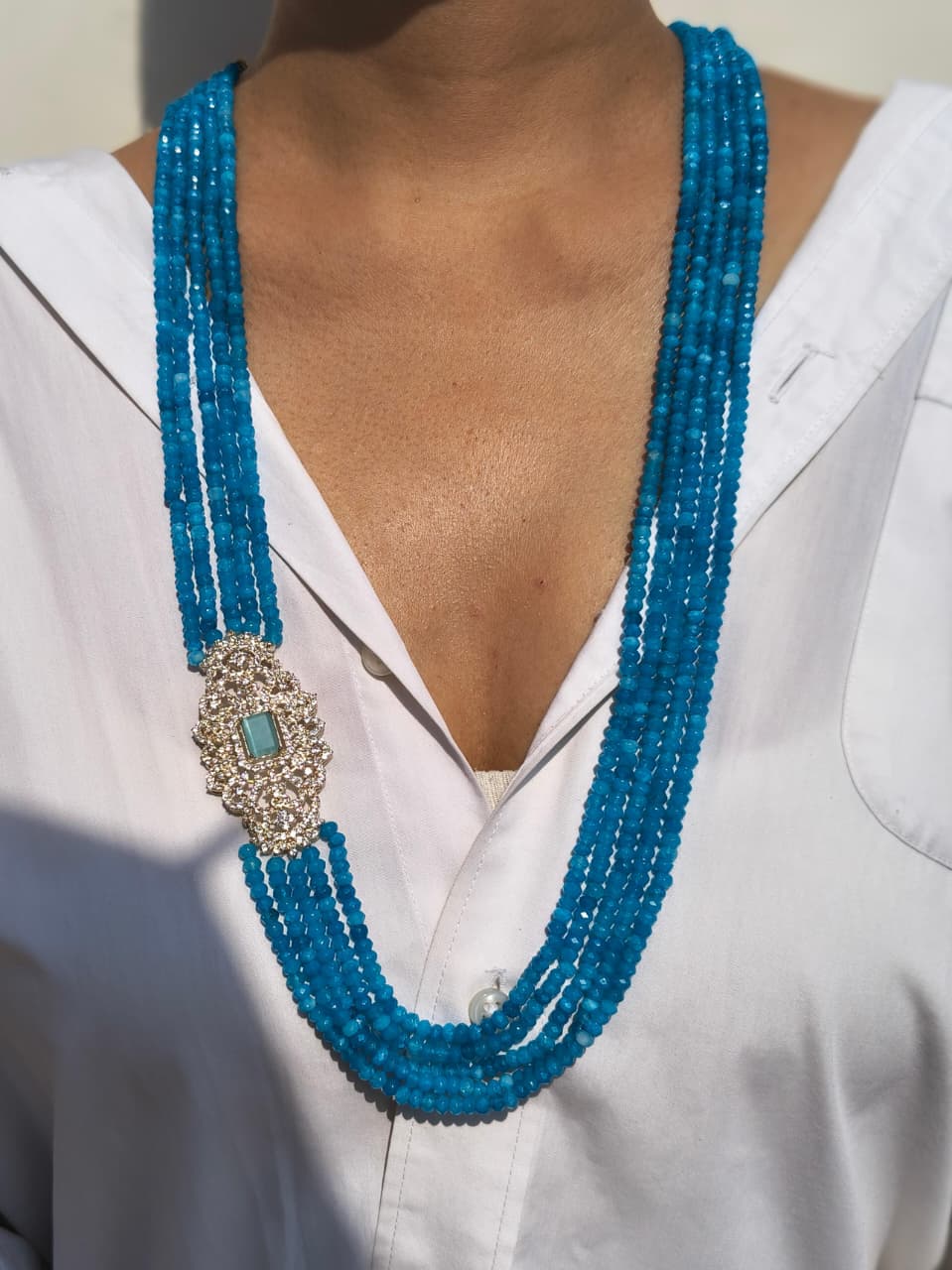 Turquoise Beaded Multi-Strand Necklace With Crystal Brooch Clasp