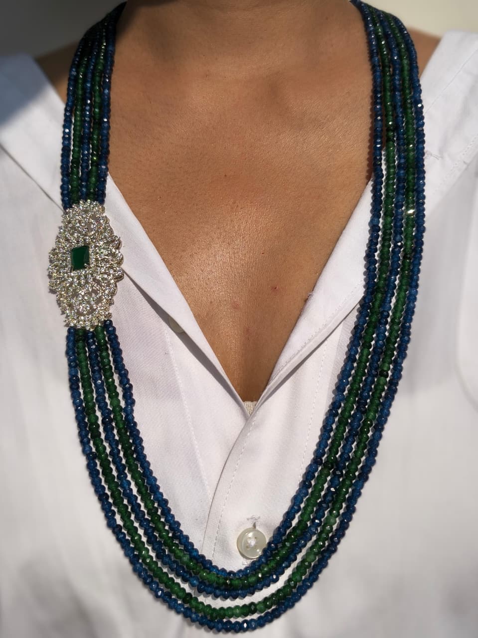 Multi-Strand Sapphire Emerald Beaded Necklace With Diamond Brooch, Matching Earring - Image 2