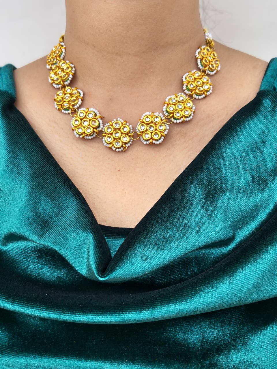Kundan Floral Cluster Necklace With Pearl Edging, Matching Earring - Image 2