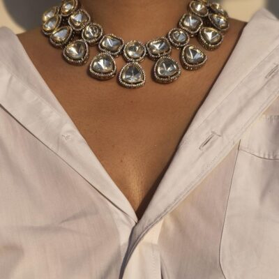 Kundan Polki Diamond Statement Necklace, Matching Earrings