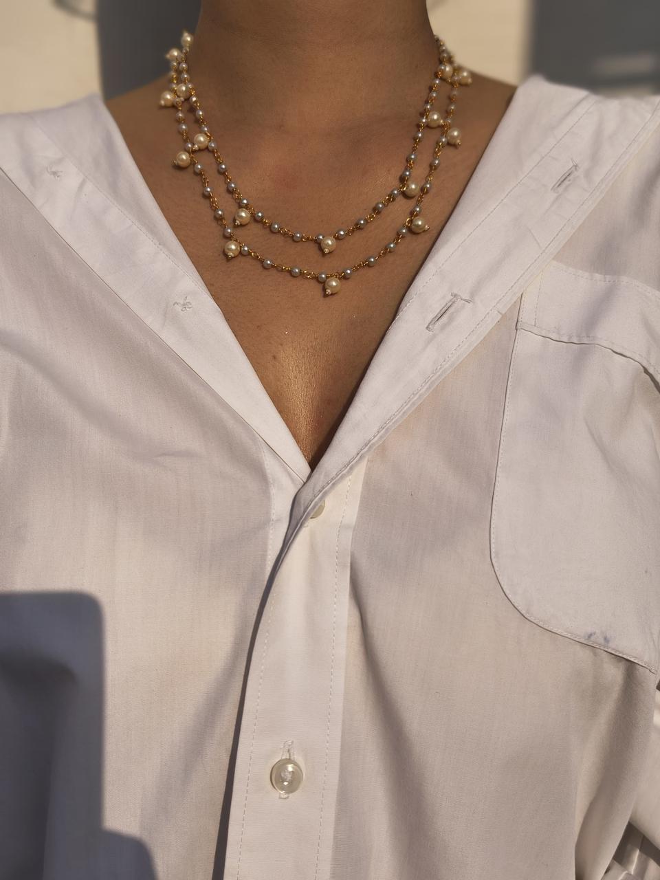 Layered Pearl Chain Necklace With Dangling Pearl Drops