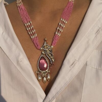 Peacock Pendant Necklace With Pink Stone And Pearl Tassels, Matching Earring