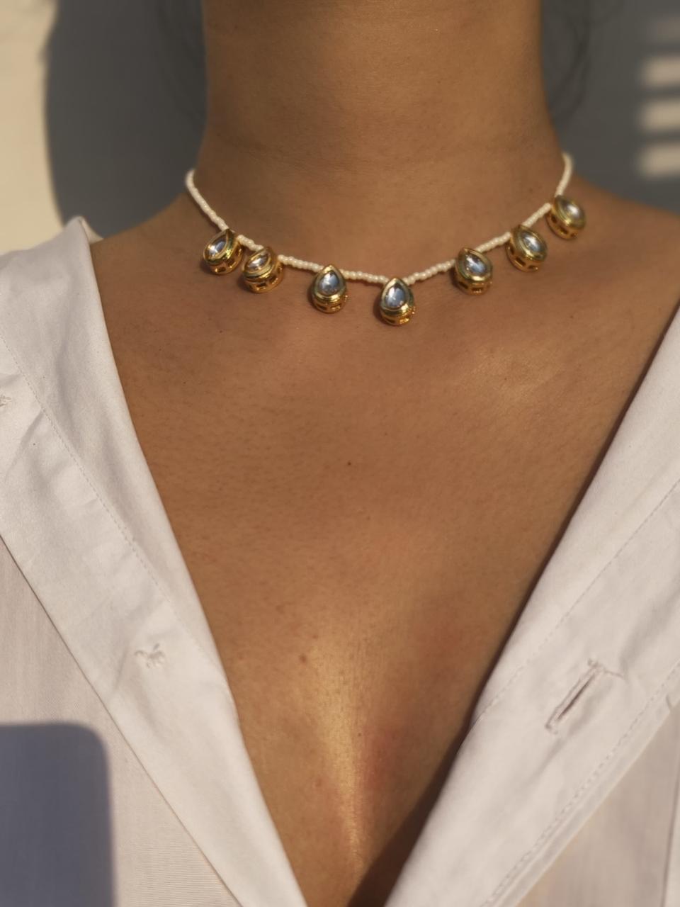 Pearl Beaded Necklace With Gold Kundan Drop Charms
