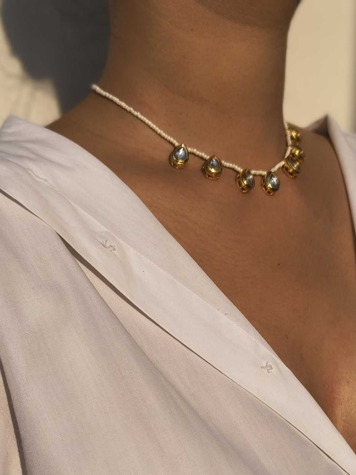 Pearl Beaded Necklace With Gold Kundan Drop Charms - Image 2