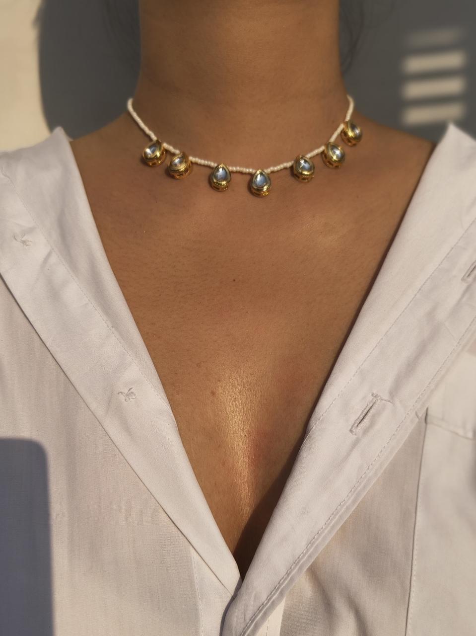 Pearl Beaded Necklace With Gold Kundan Drop Charms - Image 3