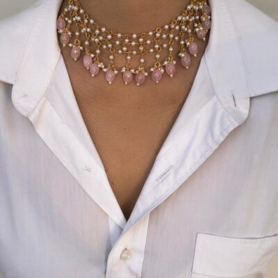 Multi-Strand Pearl Choker With Rose Quartz Bead Drops