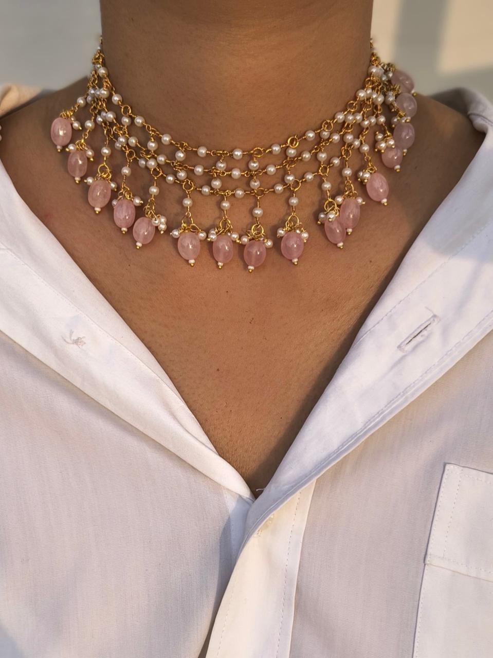 Multi-Strand Pearl Choker With Rose Quartz Bead Drops - Image 2