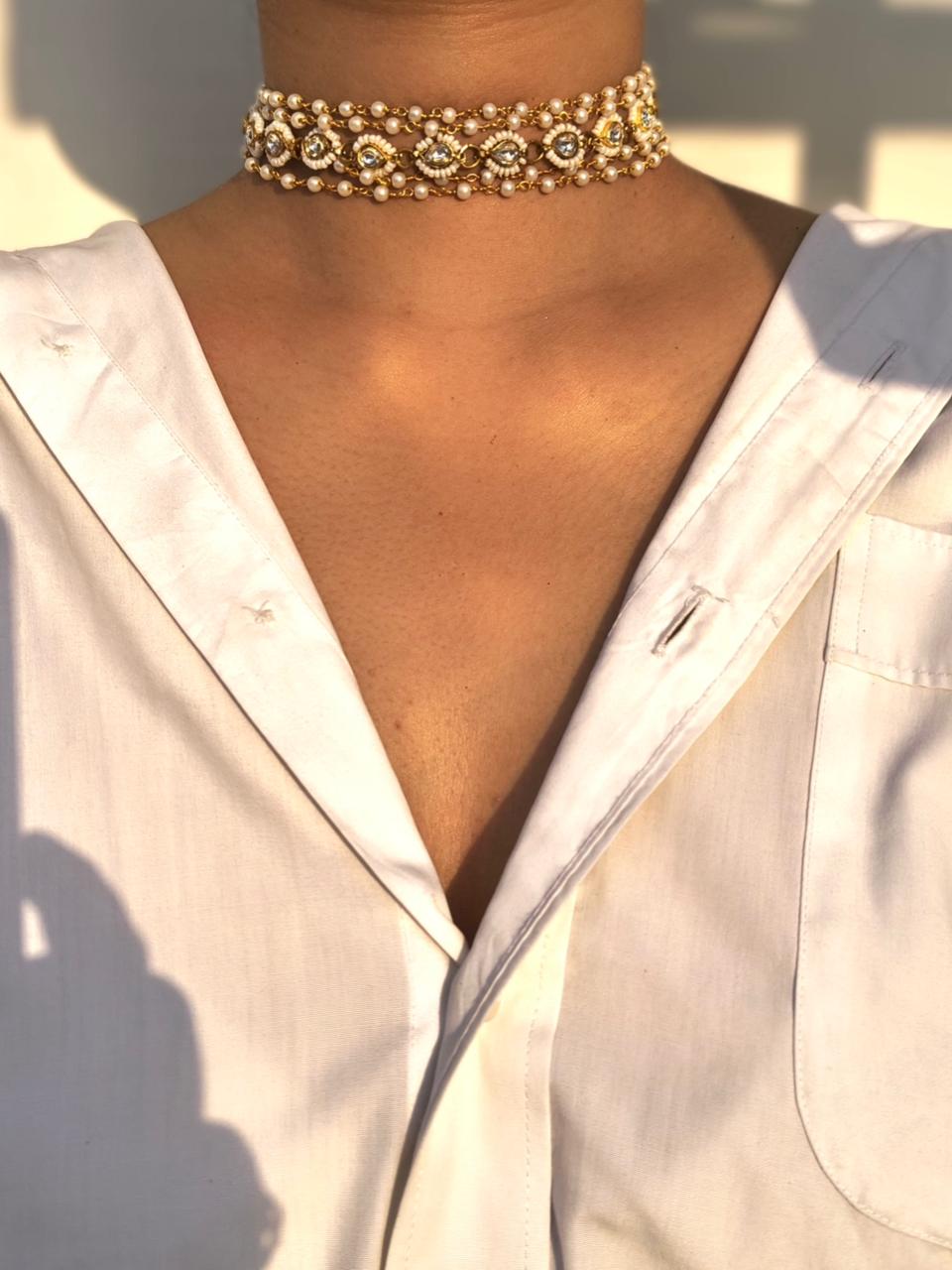 Pearl And Kundan Beaded Choker Necklace - Image 3