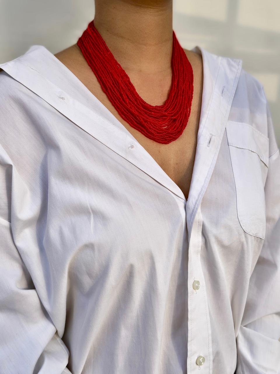 Multi-Strand Red Seed Bead Choker Necklace - Image 2