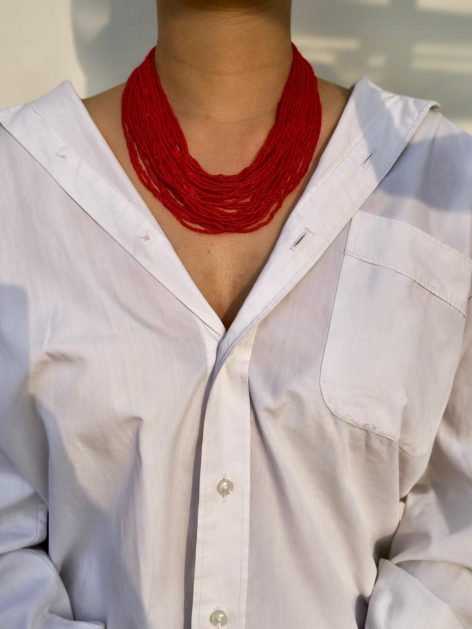 Multi-Strand Red Seed Bead Choker Necklace - Image 3
