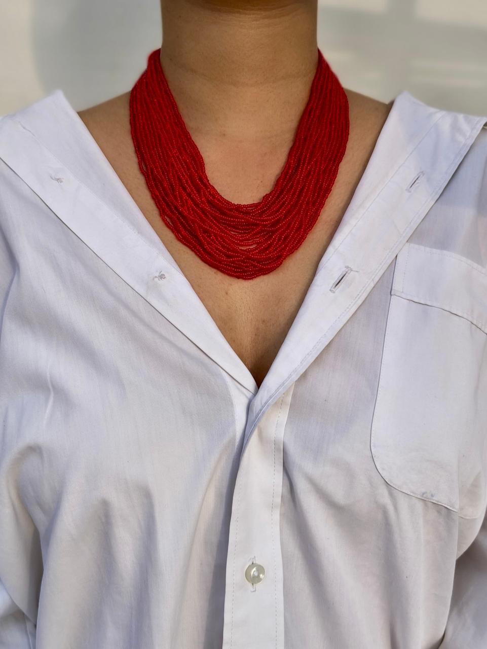 Multi-Strand Red Seed Bead Choker Necklace