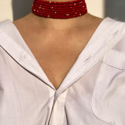 Multi-Strand Red Crystal Beaded Choker With Gold Accents