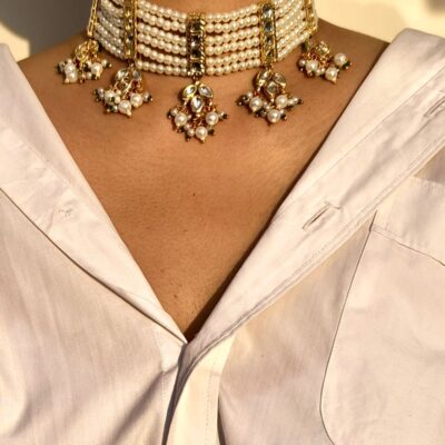 Multi-Strand Pearl Choker With Kundan Drops