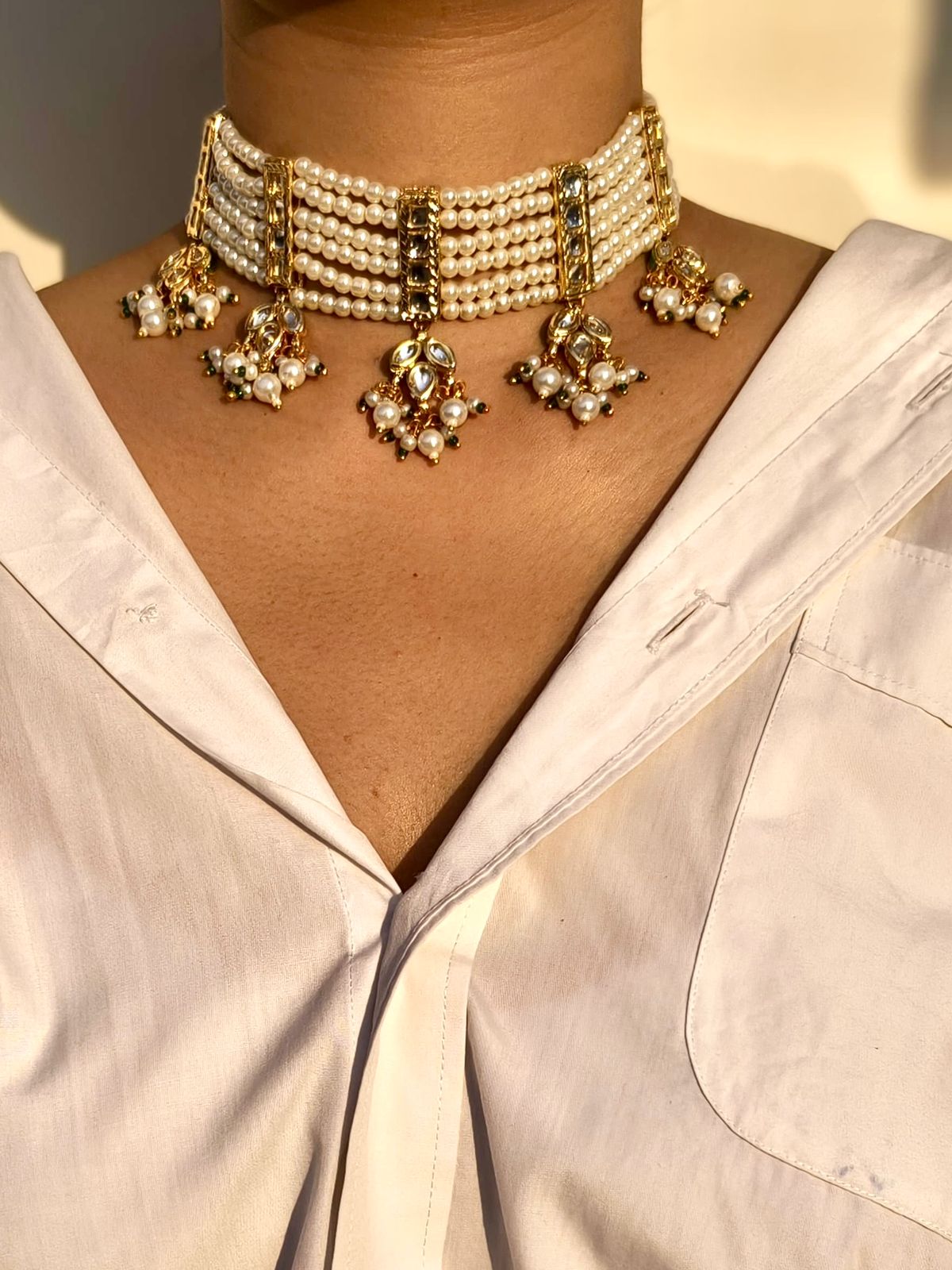 Multi-Strand Pearl Choker With Kundan Drops