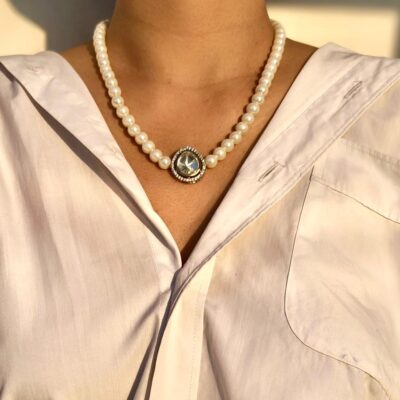 Pearl Necklace With Kundan Crystal Pendant