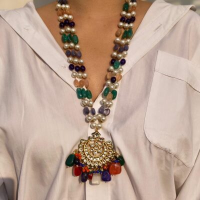 Multi-Gemstone Beaded Necklace With Kundan Pendant