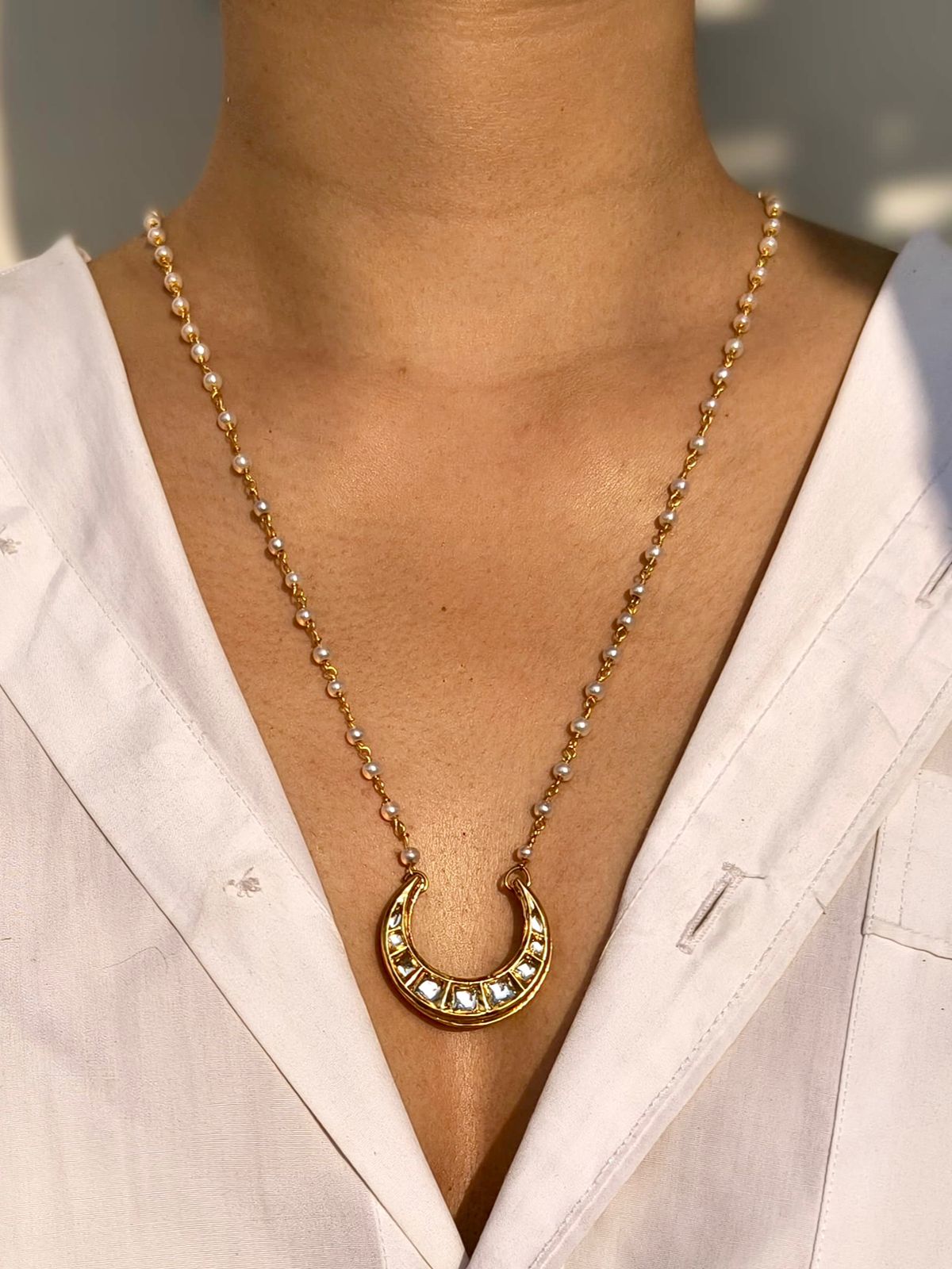 Kundan Crescent Moon Pendant Necklace With Pearl Chain, Matching Earring - Image 2
