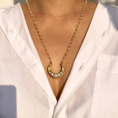 Kundan Crescent Moon Pendant Necklace With Pearl Chain, Matching Earring