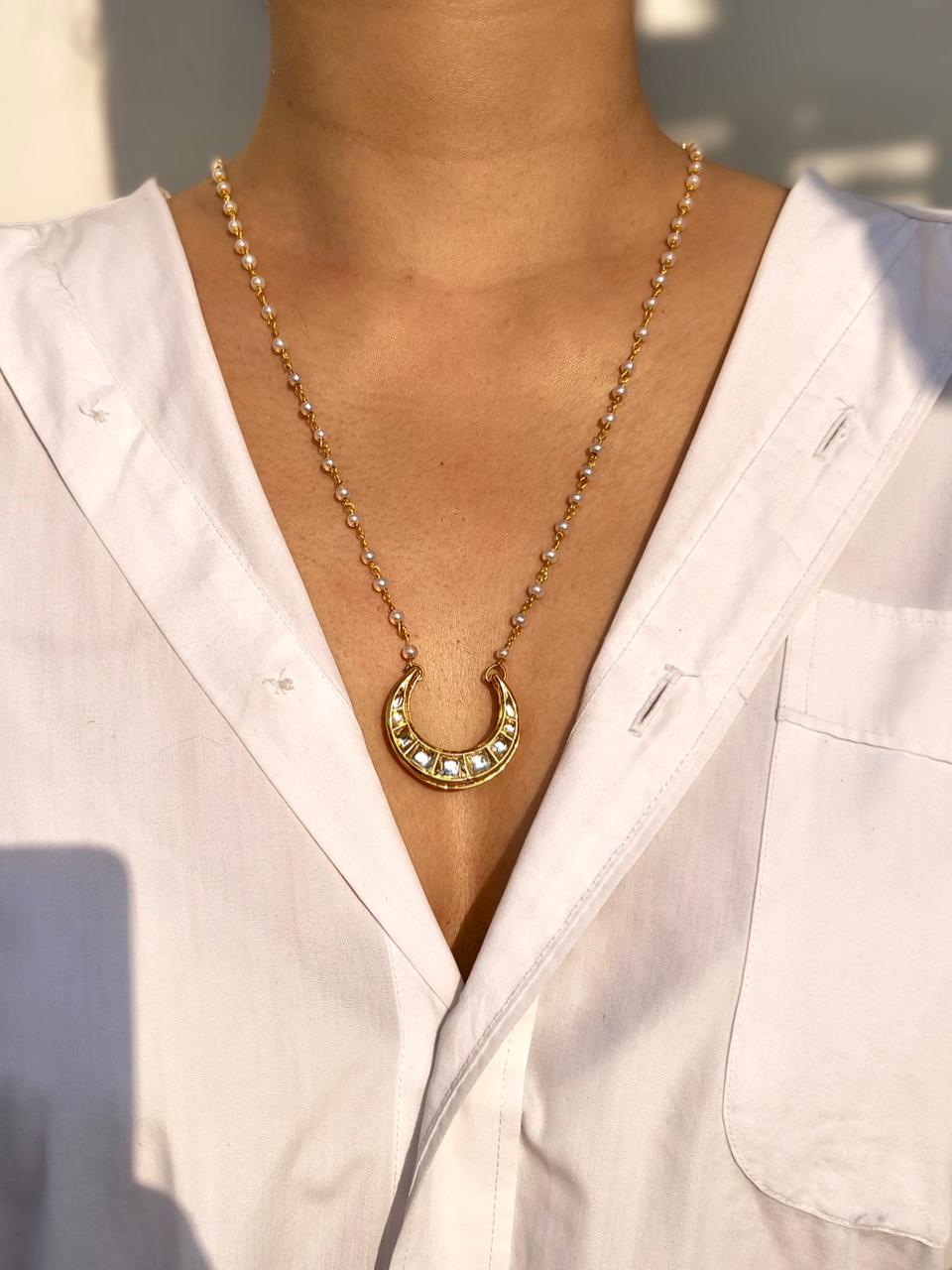 Kundan Crescent Moon Pendant Necklace With Pearl Chain, Matching Earring