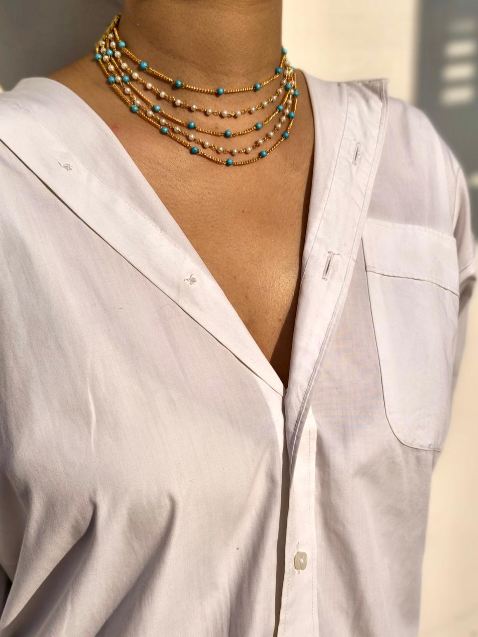Layered Gold Chain Necklace With Pearl And Turquoise Beads - Image 2