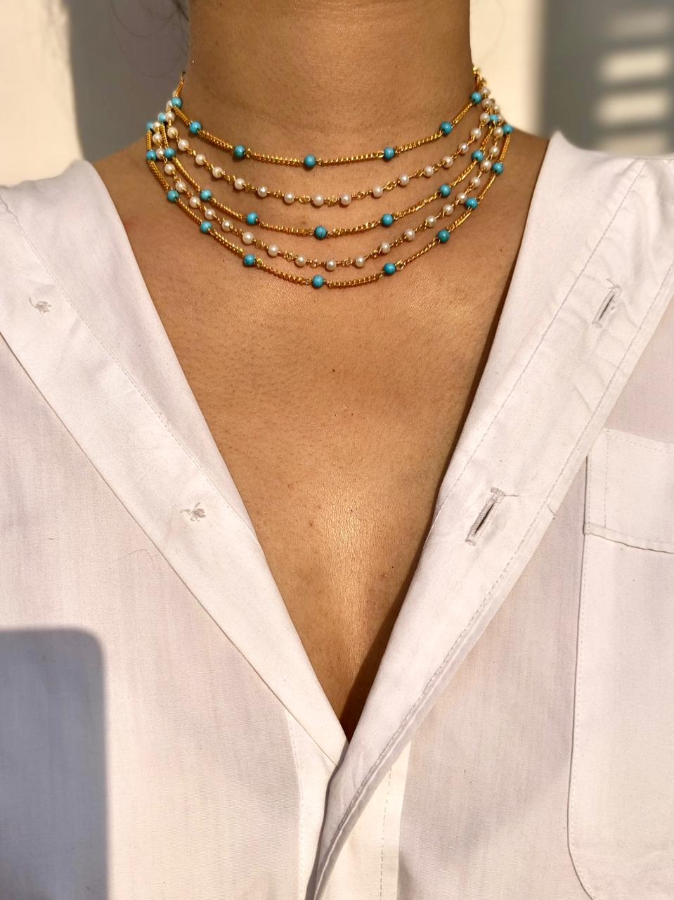 Layered Gold Chain Necklace With Pearl And Turquoise Beads - Image 3