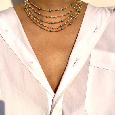 Layered Gold Chain Necklace With Pearl And Turquoise Beads
