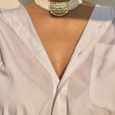Pearl beaded choker with kundan slab centerpiece