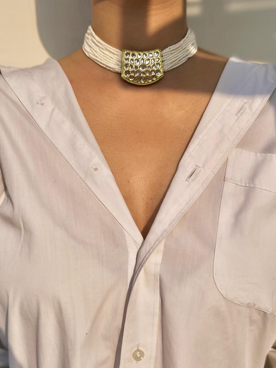 Pearl beaded choker with kundan slab centerpiece