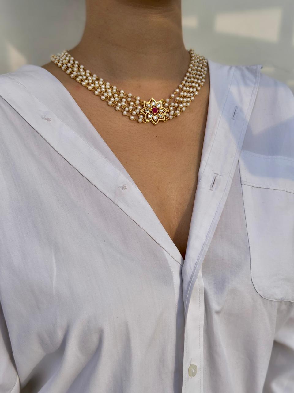 Pearl chain necklace with kundan-ruby flower pendant - Image 2