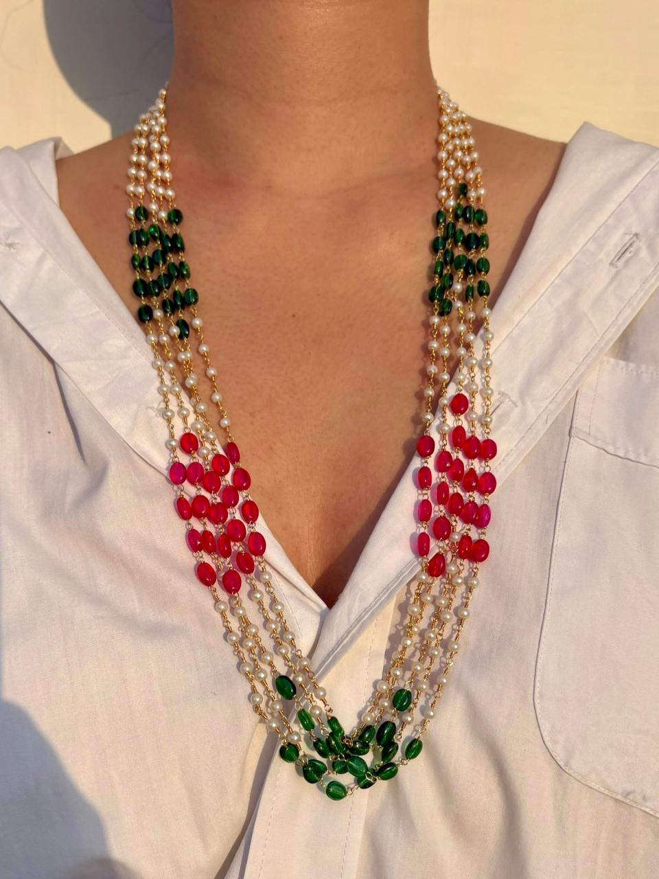 Multi-layer pearl, ruby aur emerald beaded necklace