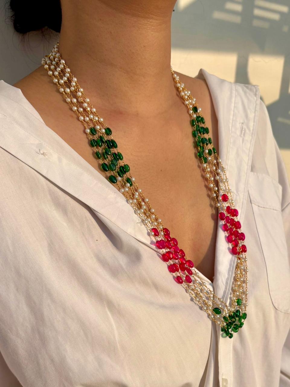 Multi-layer pearl, ruby aur emerald beaded necklace - Image 3
