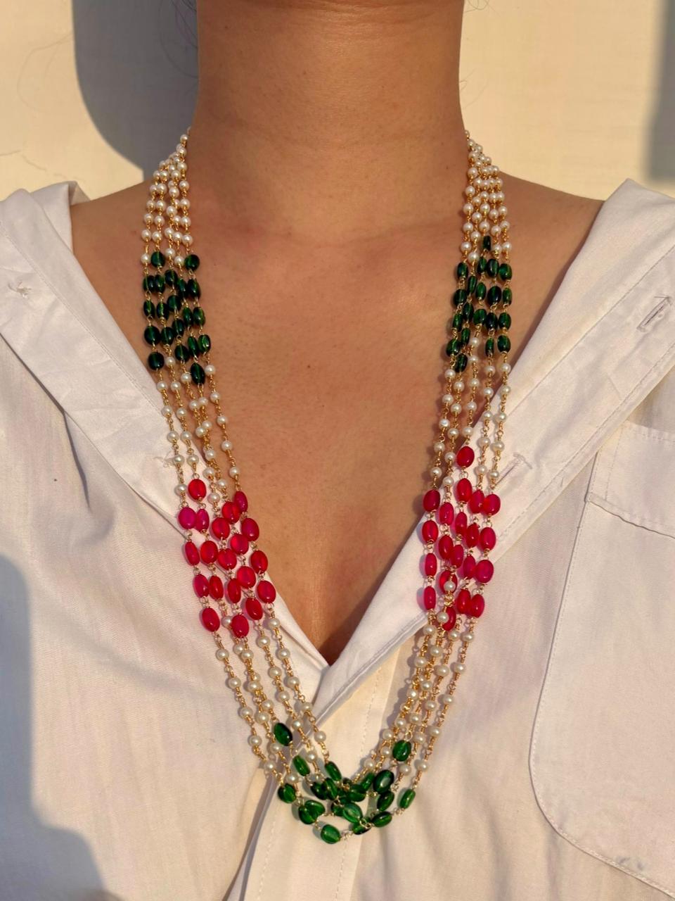 Multi-layer pearl, ruby aur emerald beaded necklace - Image 2
