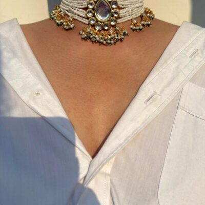 Gold Plated Kundan Multi-Layer Pearl Beaded Choker with Pearl Tassels for Women, Bridal Wear