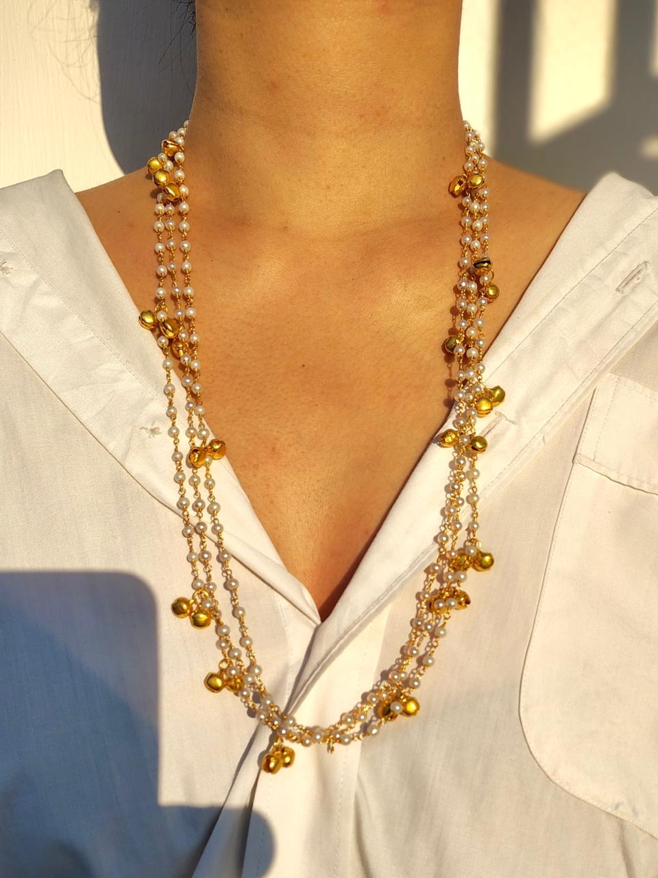Gold Plated Multi-Layer Pearl & Bead Necklace for Women, Party Wear - Image 2