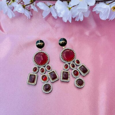 Victorian Lion Enamel Statement Earrings – Red Multi-Stone