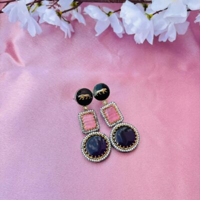 Victorian Lion Enamel Drop Earrings – Pink & Purple Stone