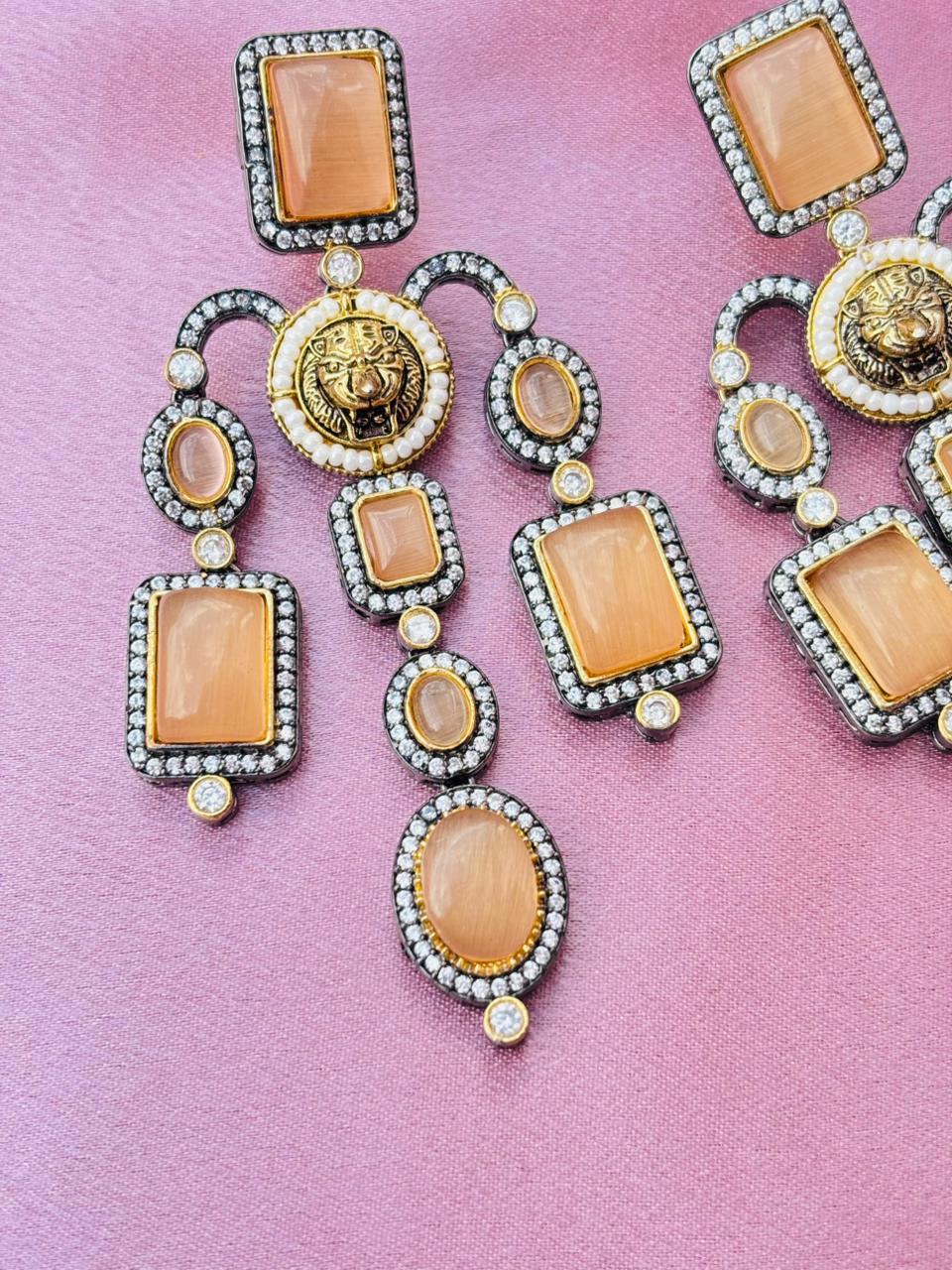 Victorian Lion Head Chandbali Earrings – Peach Cat's Eye Stone - Image 2