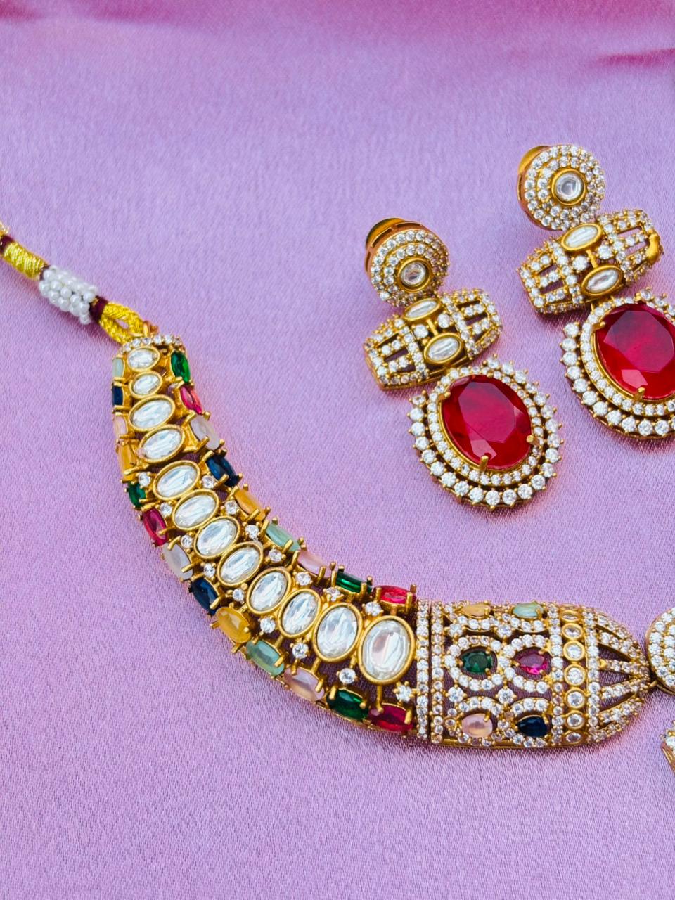 Multi Kundan Polki Necklace Set - Image 4