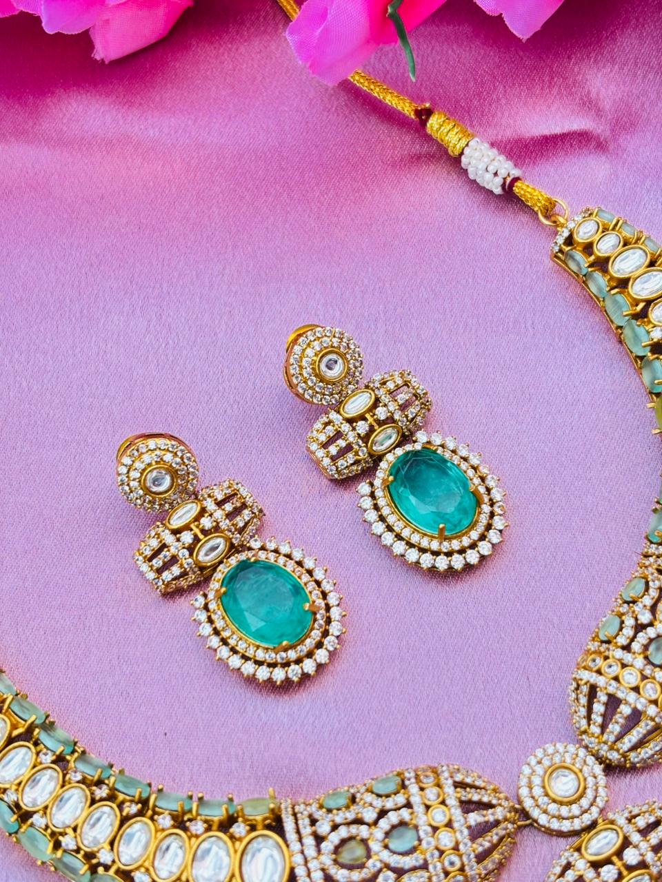 Green Kundan Polki Necklace Set - Image 4