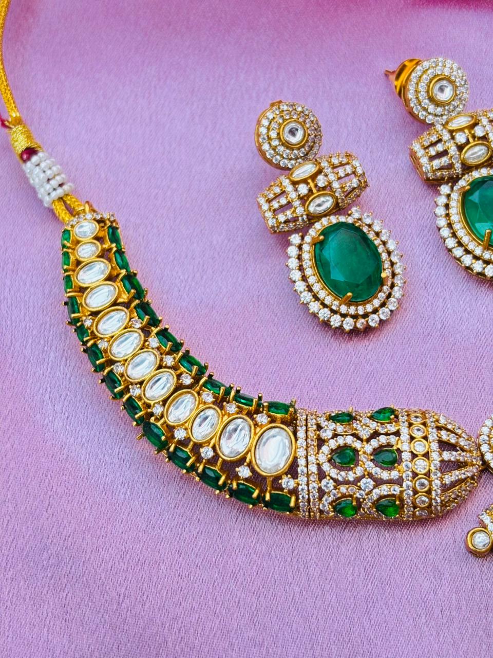 Emerald Green Kundan Polki Necklace Set - Image 4