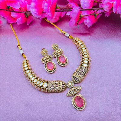Pink Kundan Polki Necklace Set