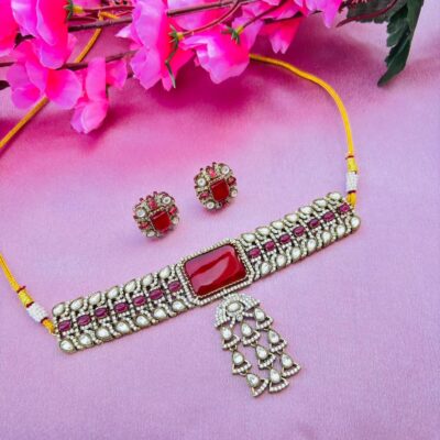 Red Kundan Tassel Choker Set